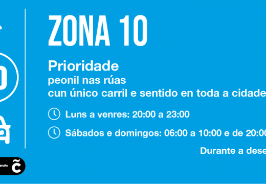 As rúas “Zona 10” con prioridade peonil estarán operativas desde hoxe ás 20.00 horas en toda a cidade